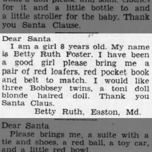 Betty Ruth Foster Letter to Santa