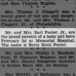 Betty Ruth Foster born at Memorial Hospital